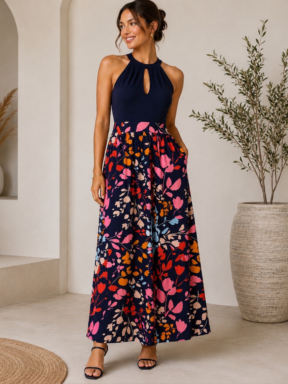 Vince Camuto Floral Maxi Dress Women’s Size 2 Halter Keyhole Sleeveless Lined